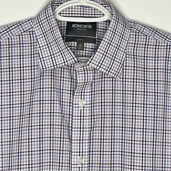 Bonobos Wrinkle Free Mens Dress Shirt 16/35 Purple Plaid Button Down Dress Shirt - Picture 2 of 5